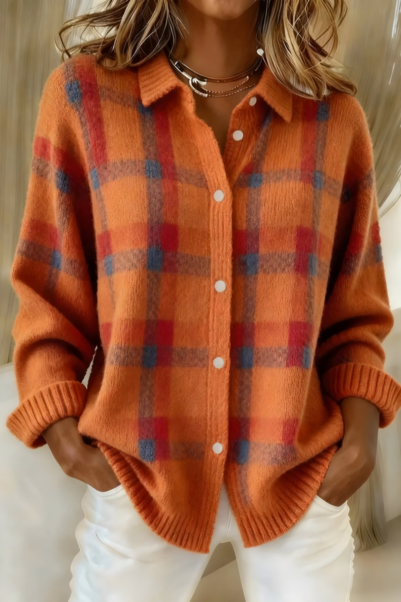 Chaqueta de punto de cuadros en naranja