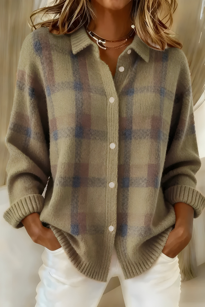 Chaqueta de punto de cuadros en marrón