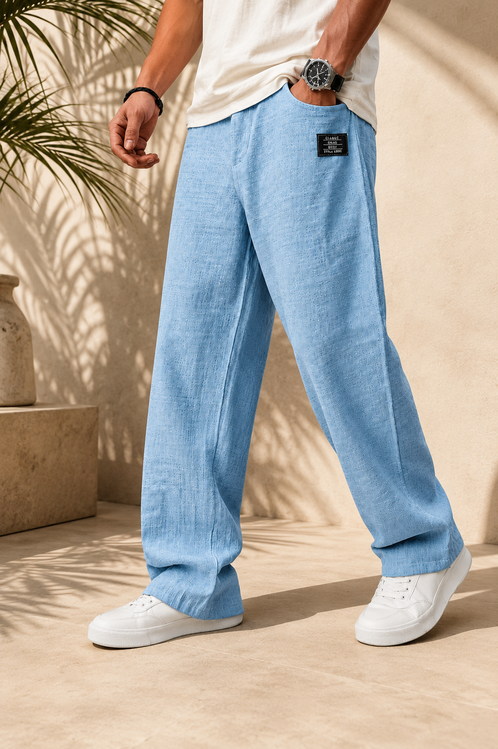Pantalón de lino de corte casual en azul