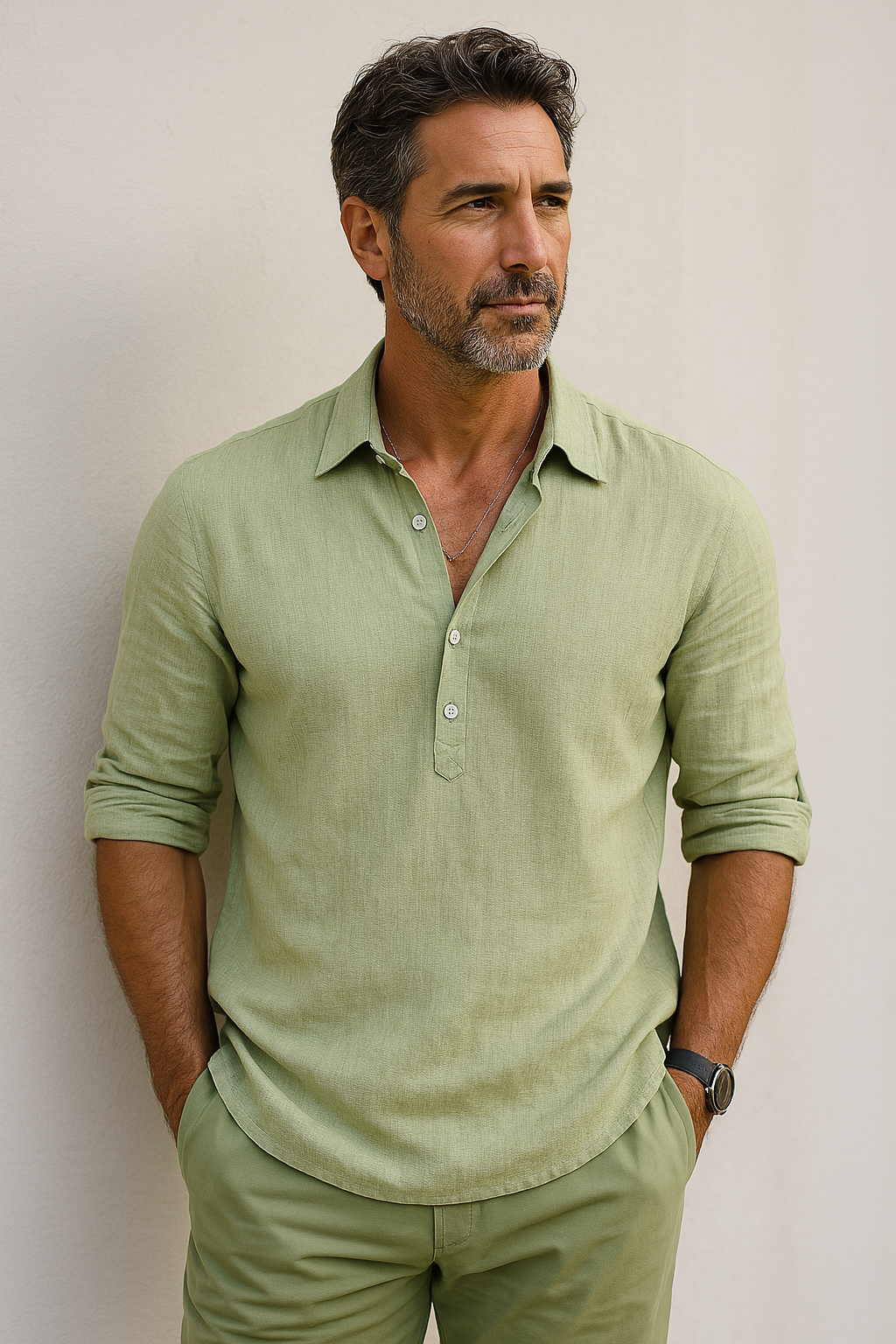 Camisa de lino de corte clásico en verde claro