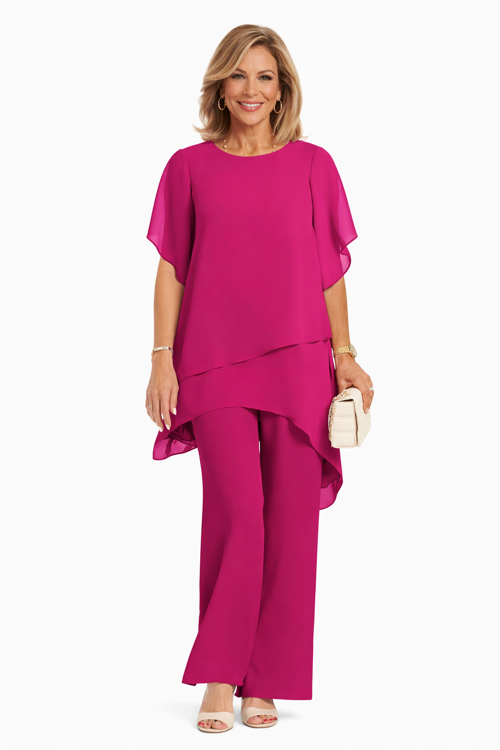 Conjunto de top y pantalón ancho en fucsia
