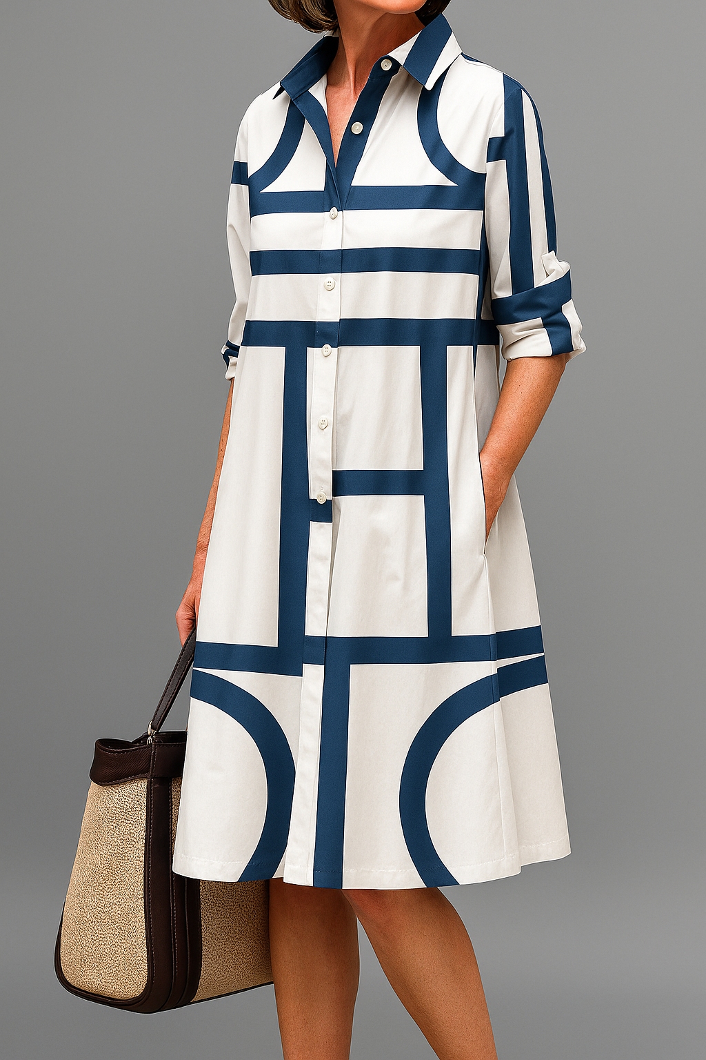 Vestido midi de estampado geométrico en blanco