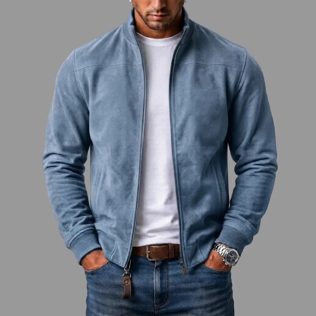 Bomber de antelina con cuello alto en azul empolvado