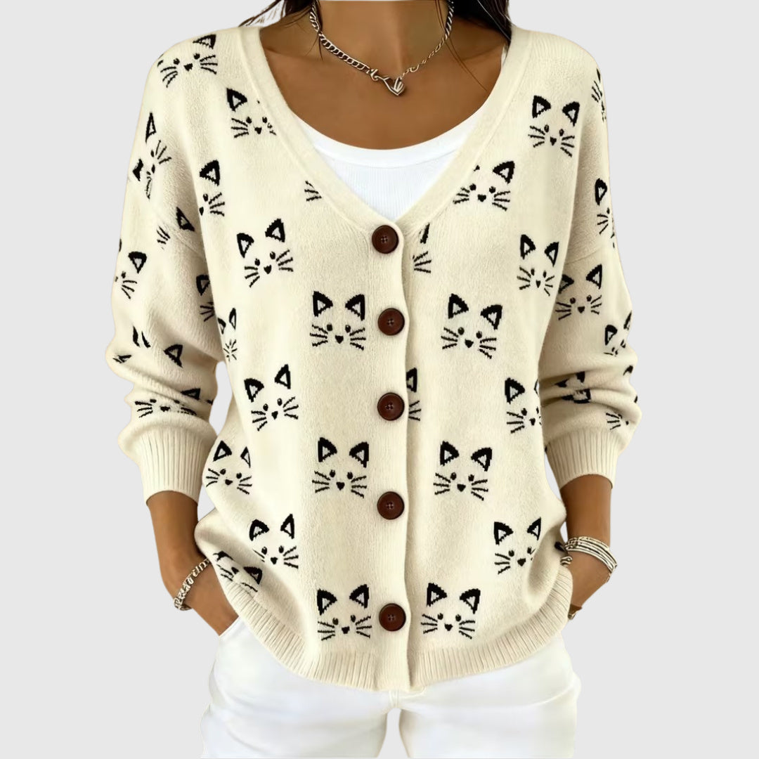 Cárdigan de punto con estampado de gatitos en crudo
