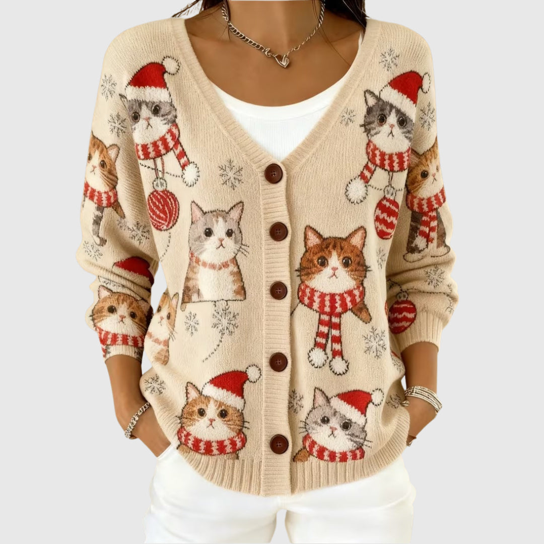 Cárdigan de punto navideño con gatitos en beige