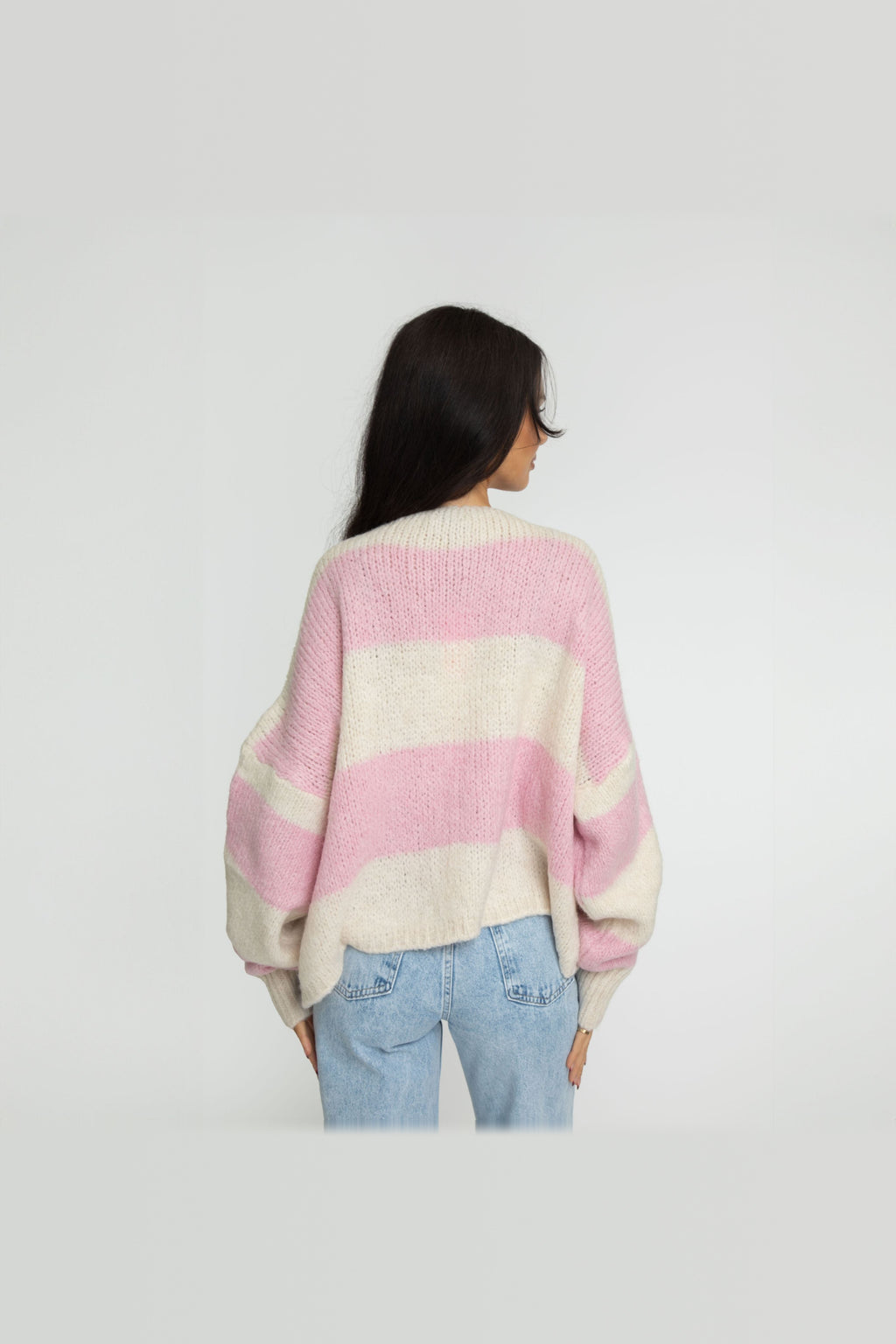 Cárdigan de rayas con escote de pico y lazada en rosa