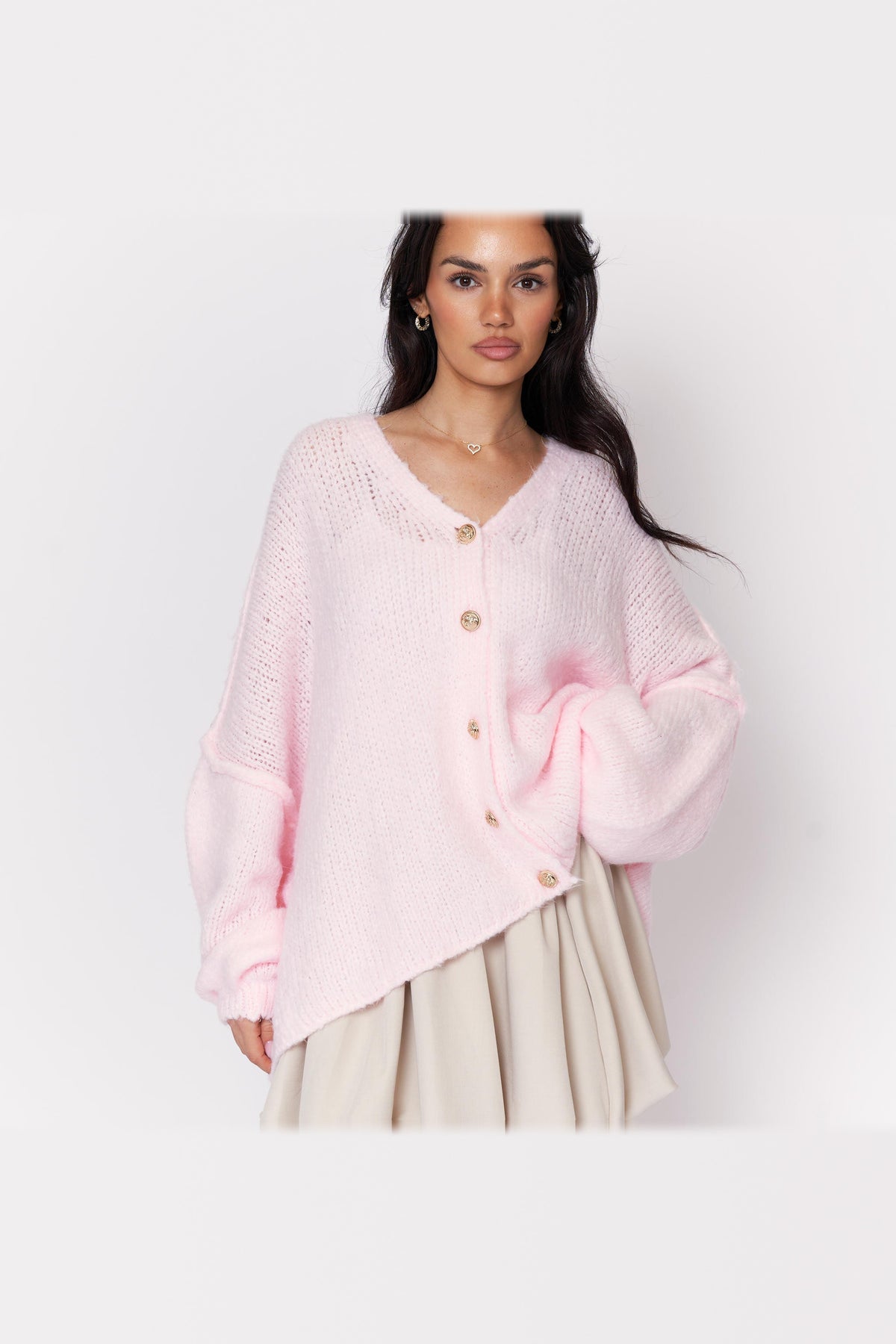 Cárdigan oversize de punto con escote de pico en rosa empolvado