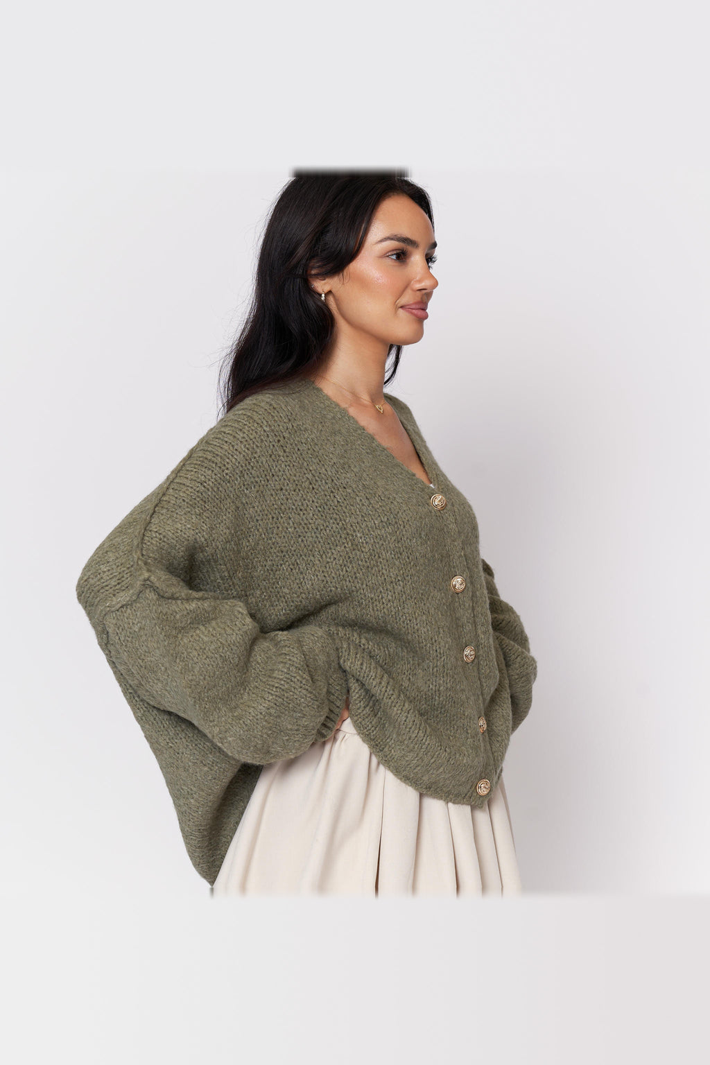 Cárdigan oversize de punto con escote de pico en verde oliva