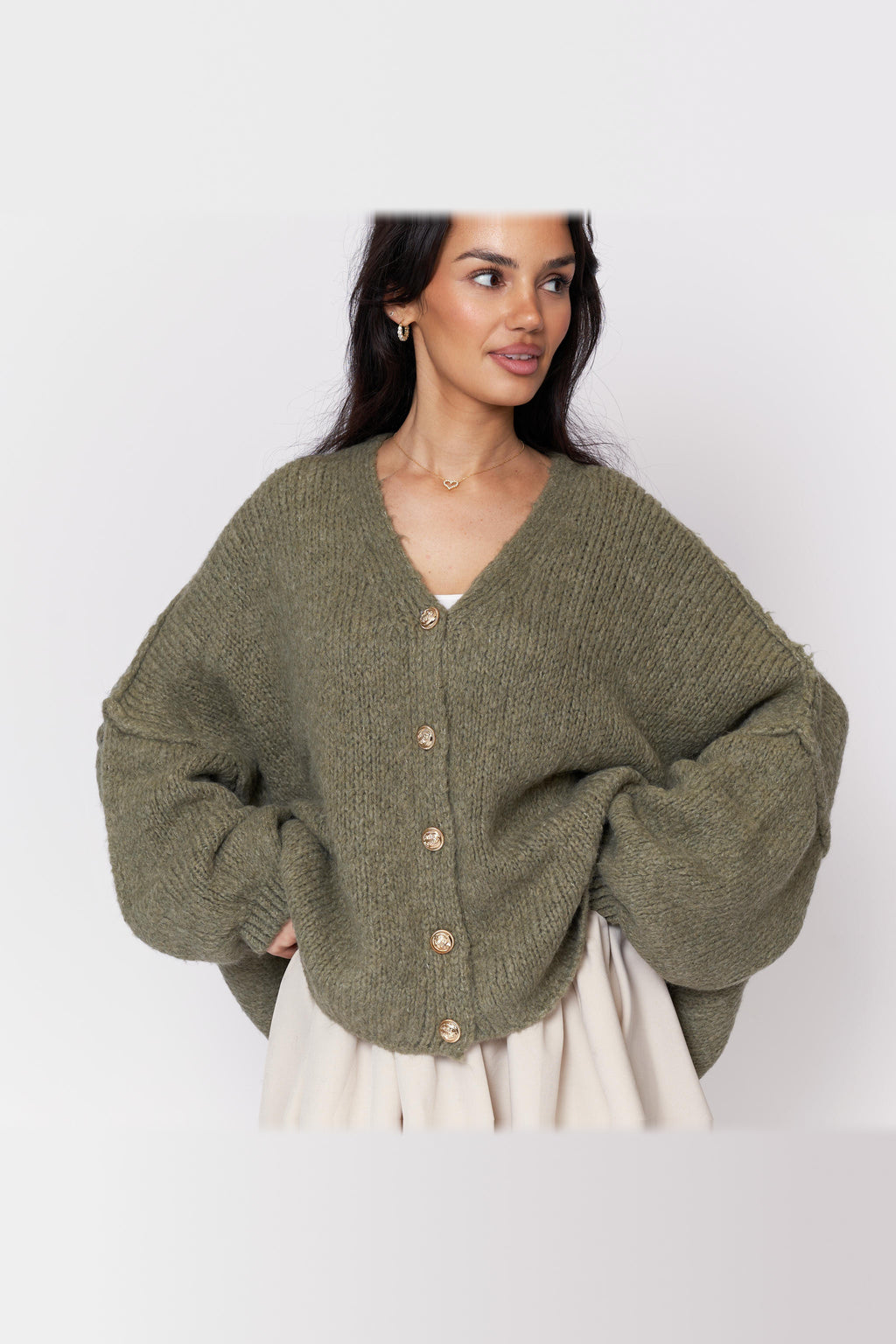 Cárdigan oversize de punto con escote de pico en verde oliva