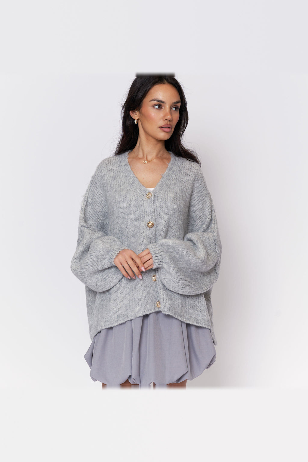 Cárdigan oversize de punto con escote de pico en gris claro