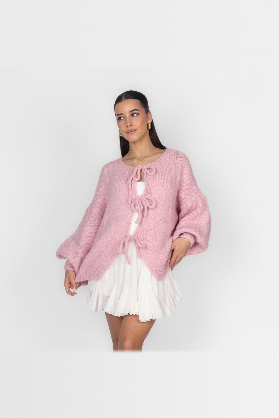 Cárdigan oversize de punto para anudar en rosa