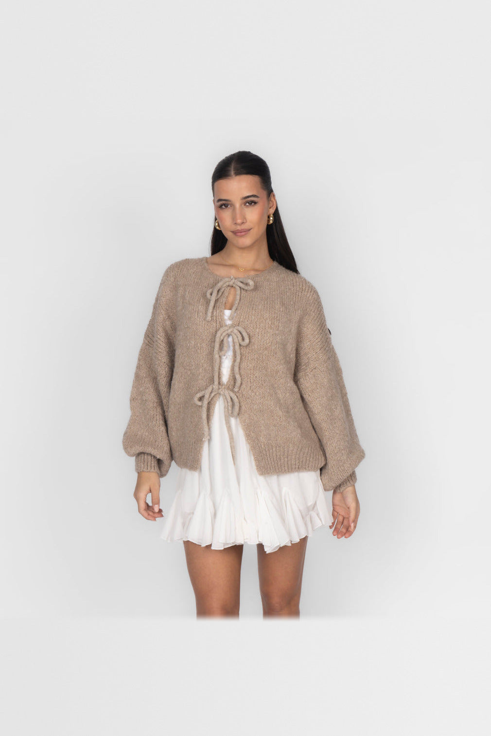 Cárdigan oversize de punto para anudar en beige