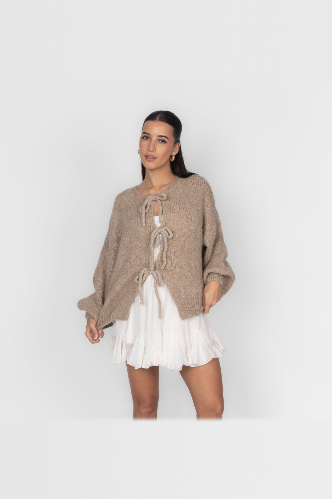 Cárdigan oversize de punto para anudar en beige