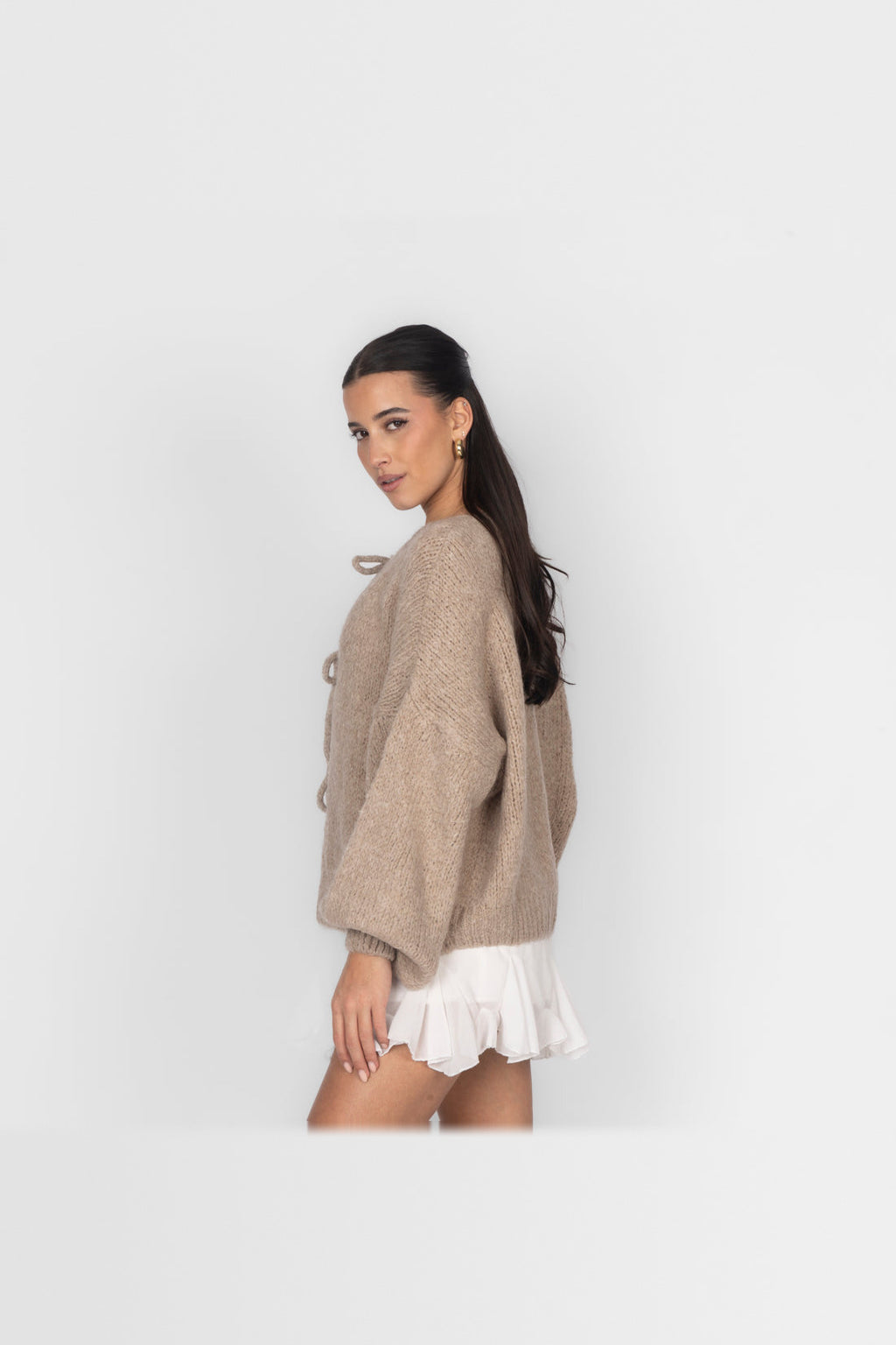 Cárdigan oversize de punto para anudar en beige