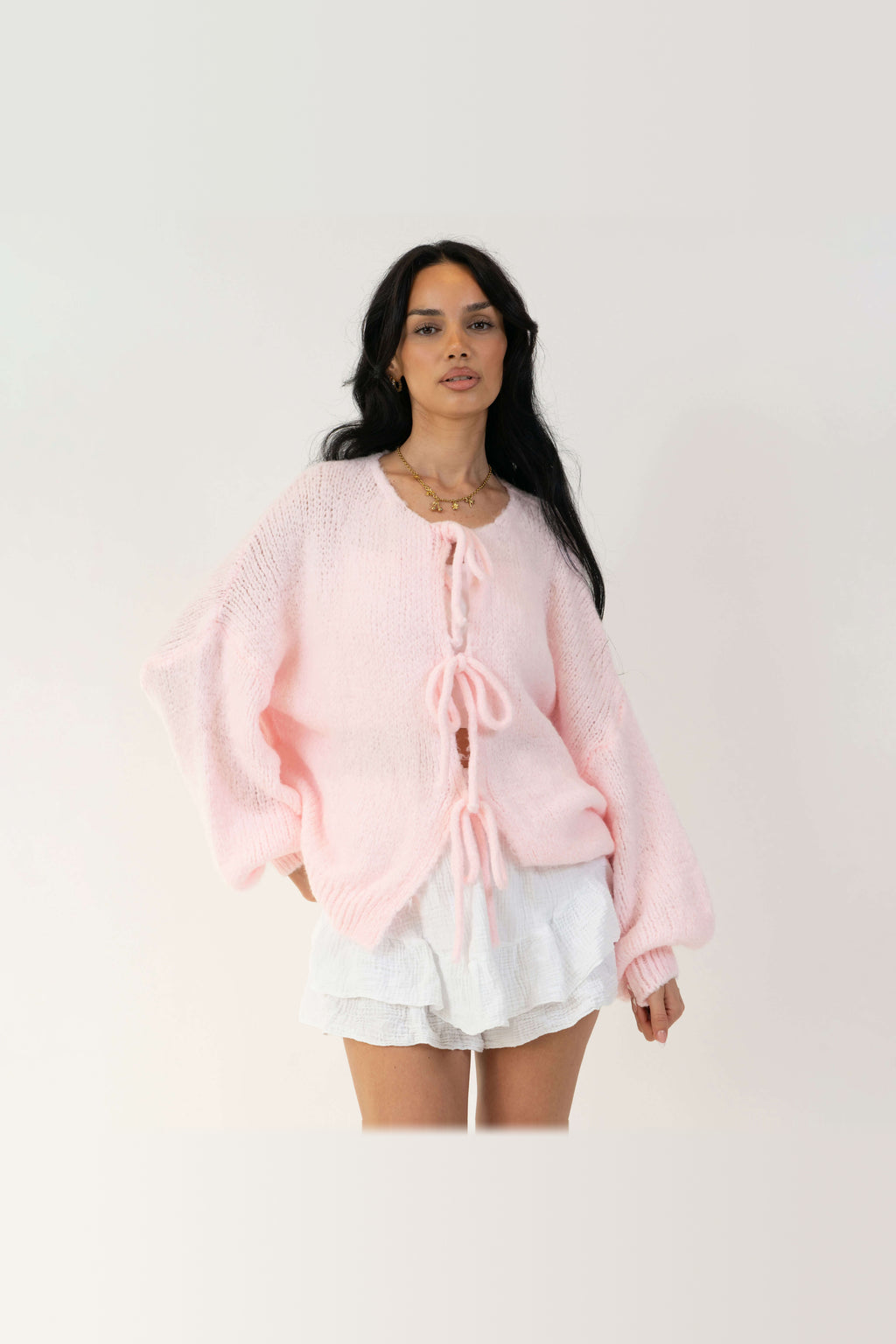 Cárdigan oversize de punto para anudar en rosa empolvado