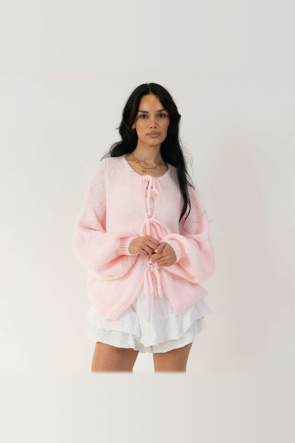 Cárdigan oversize de punto para anudar en rosa empolvado