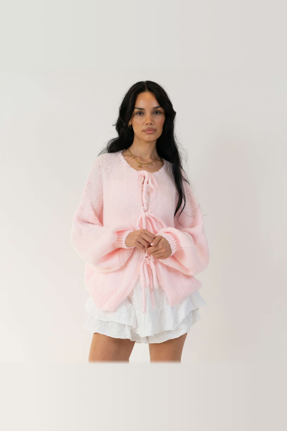 Cárdigan oversize de punto para anudar en rosa empolvado