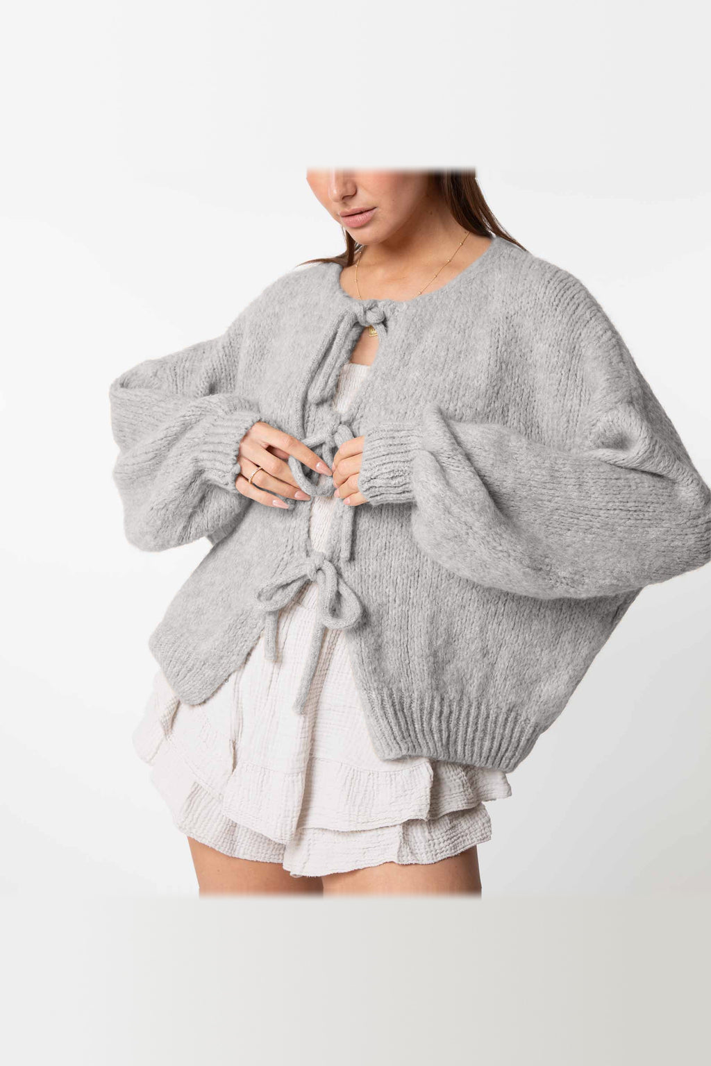 Cárdigan oversize de punto para anudar en gris claro