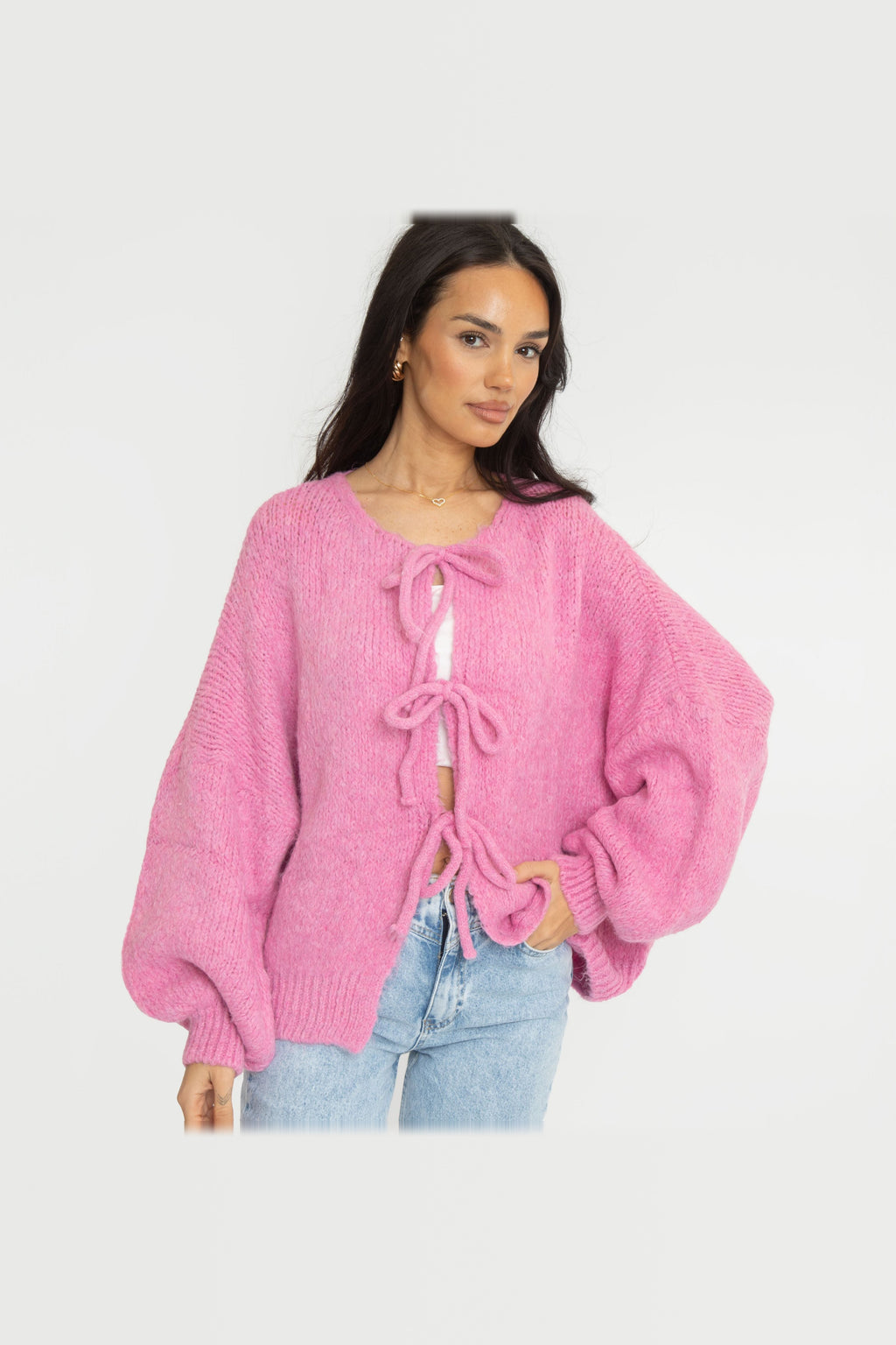 Cárdigan oversize de punto para anudar en fucsia