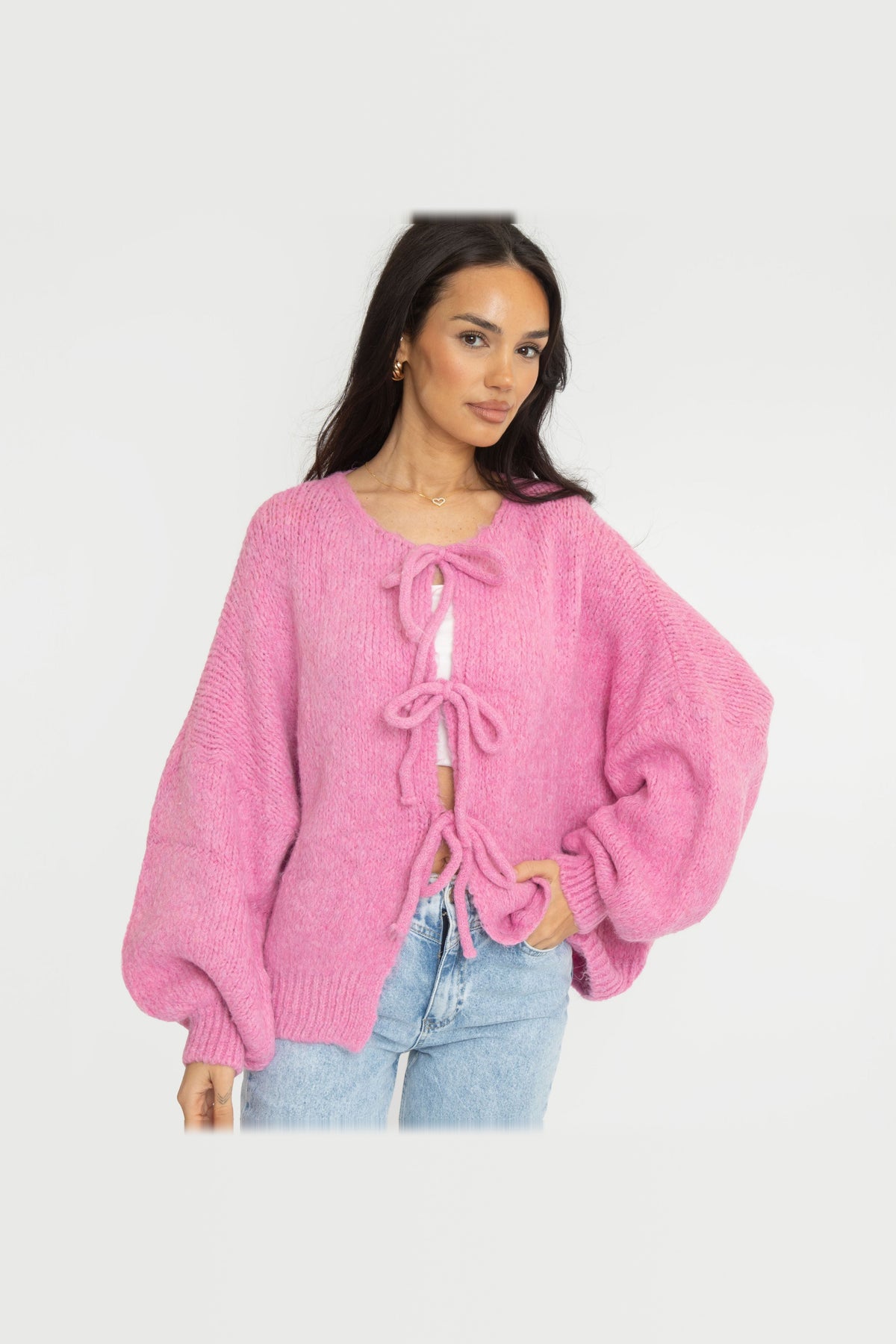 Cárdigan oversize de punto para anudar en fucsia