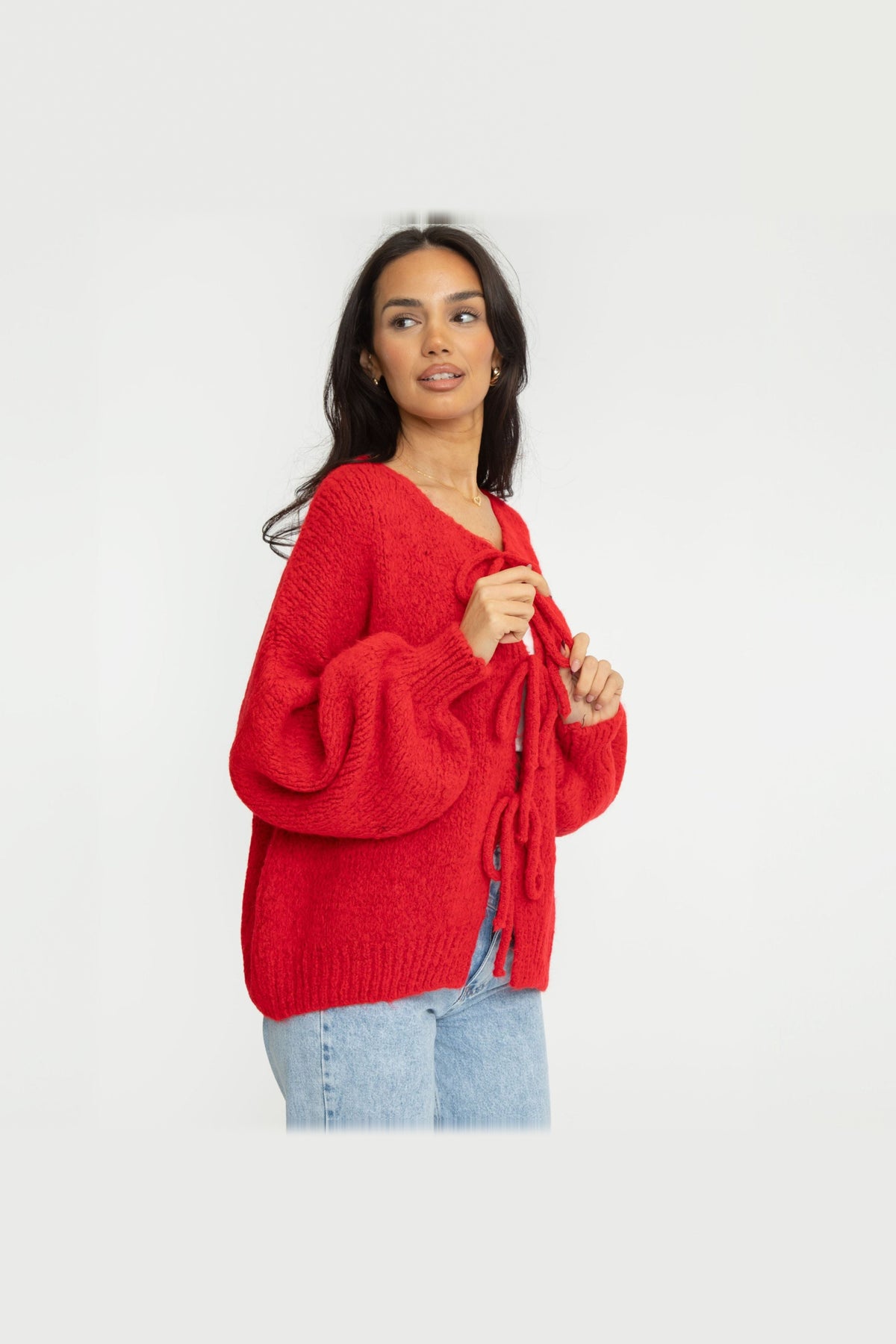 Cárdigan oversize de punto para anudar en rojo