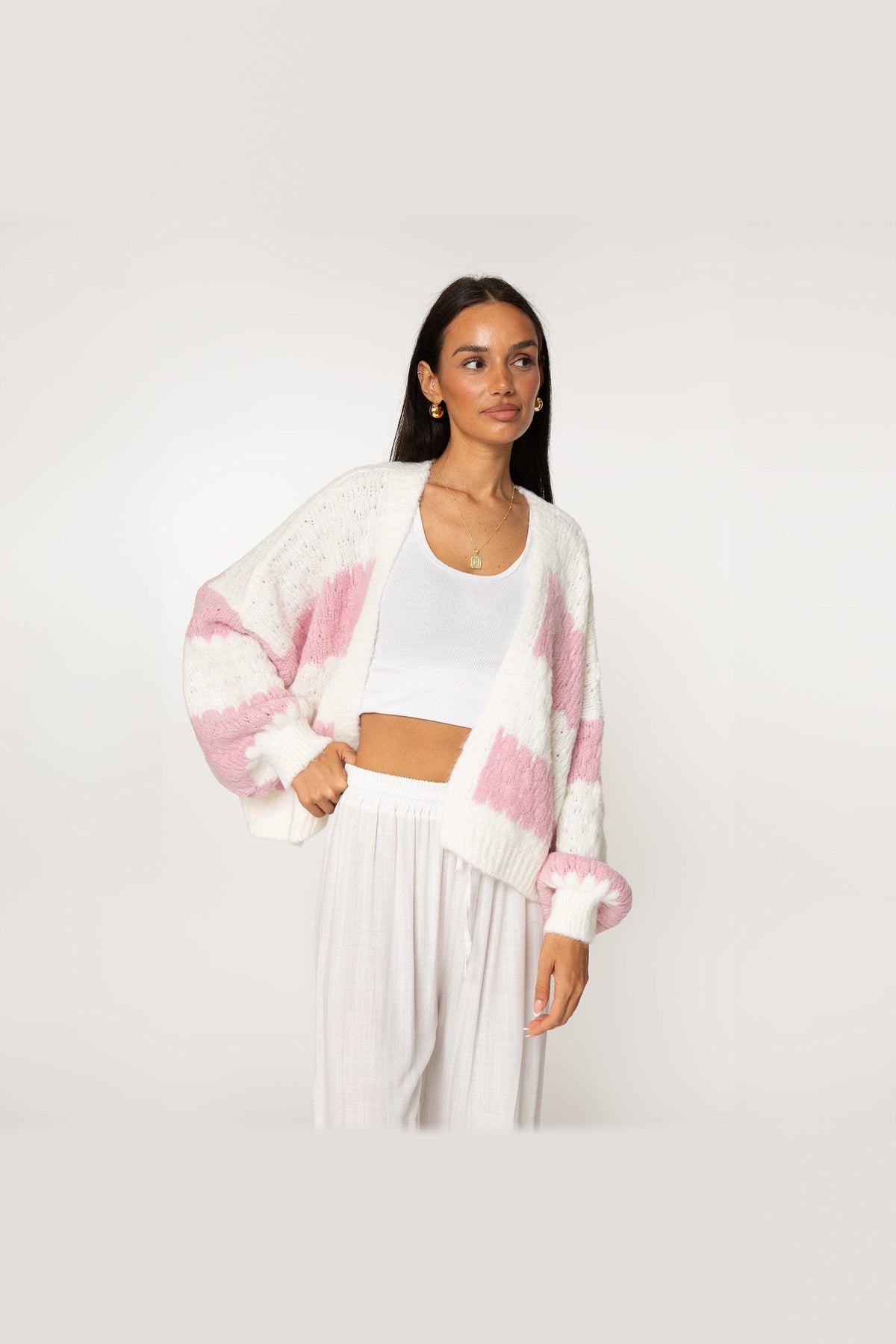 Cárdigan oversize de rayas anchas en rosa palo