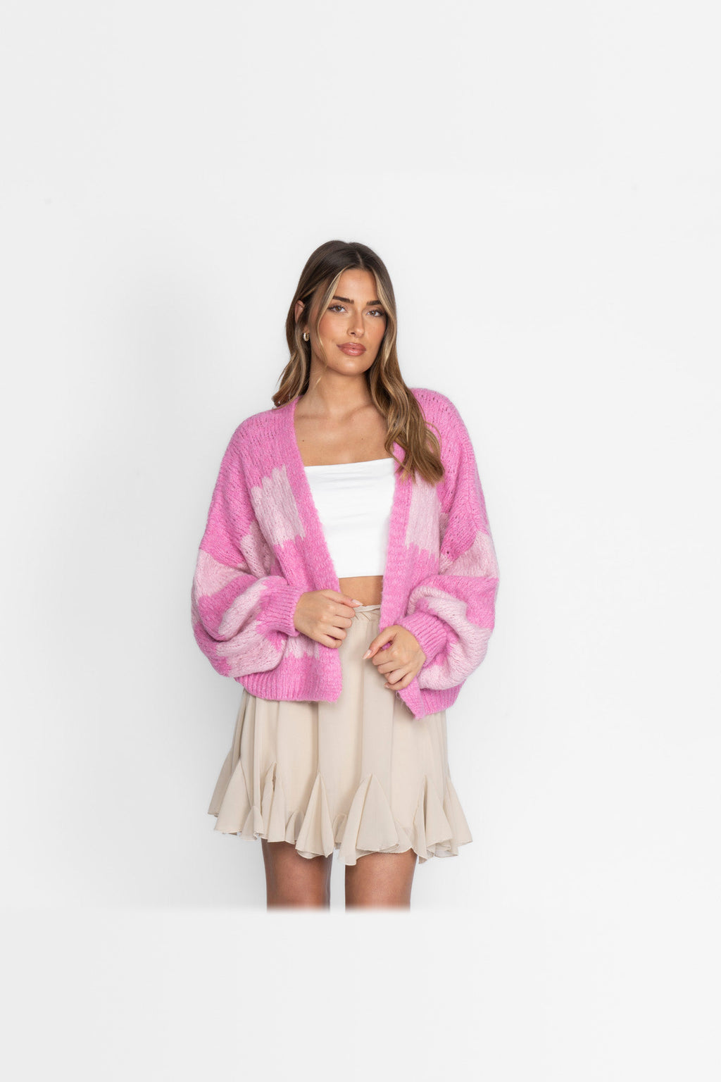 Cárdigan oversize de rayas anchas en fucsia y rosa