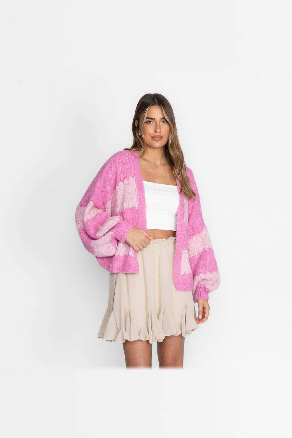 Cárdigan oversize de rayas anchas en fucsia y rosa