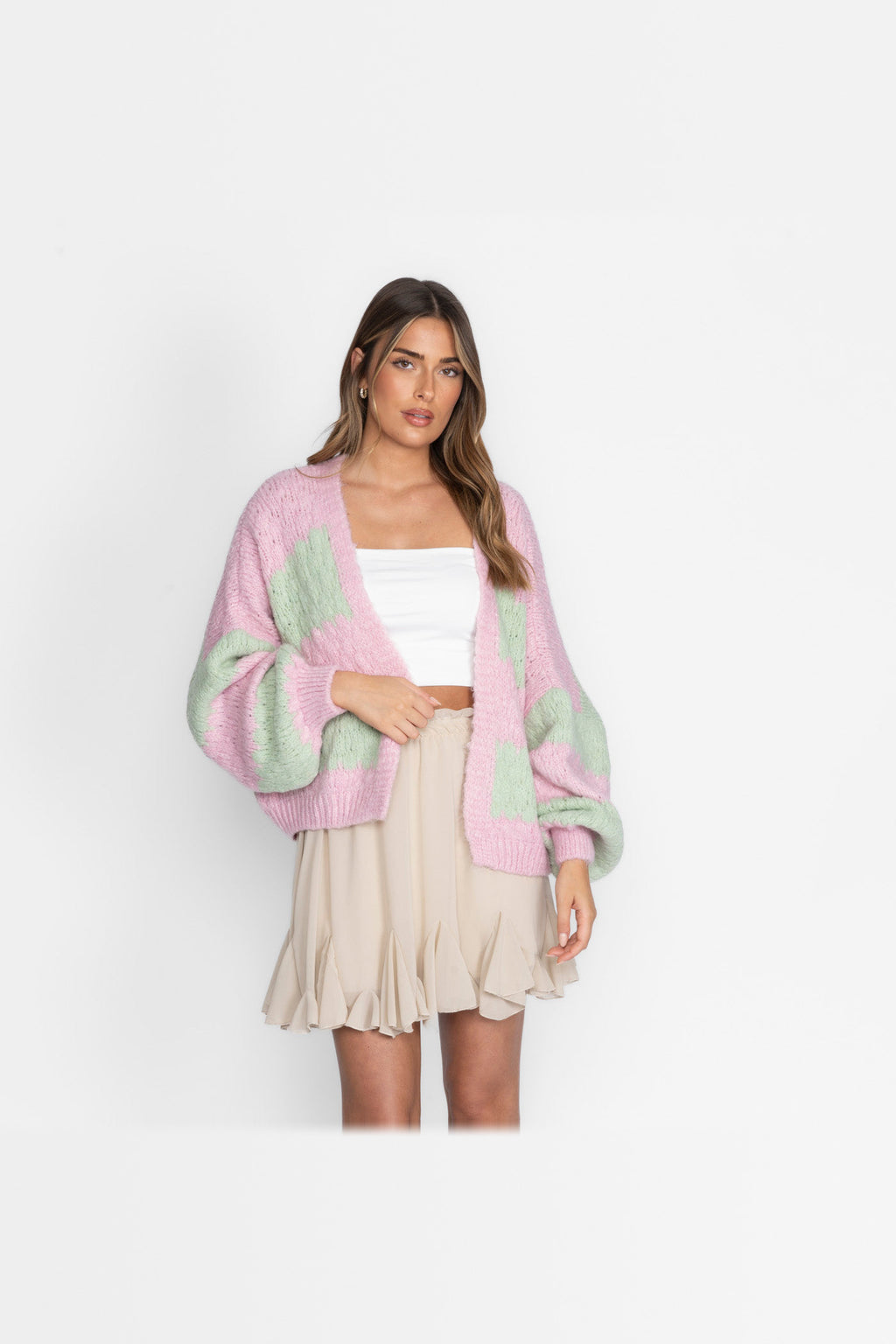 Cárdigan oversize de rayas anchas en verde y rosa