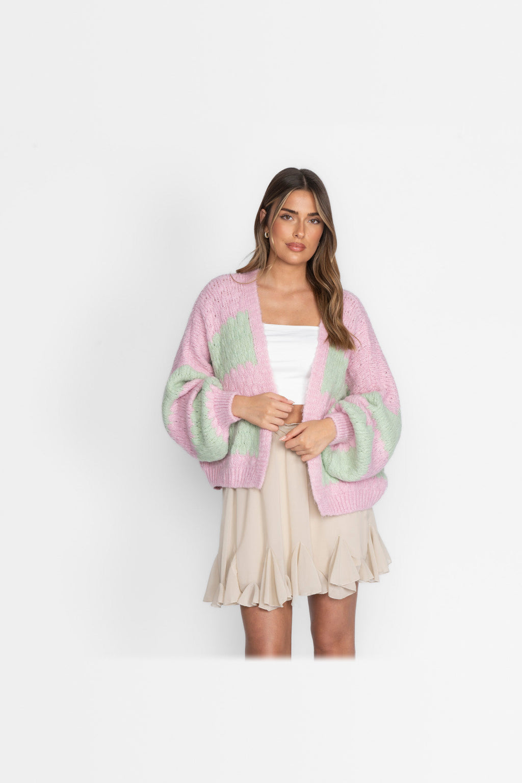 Cárdigan oversize de rayas anchas en verde y rosa