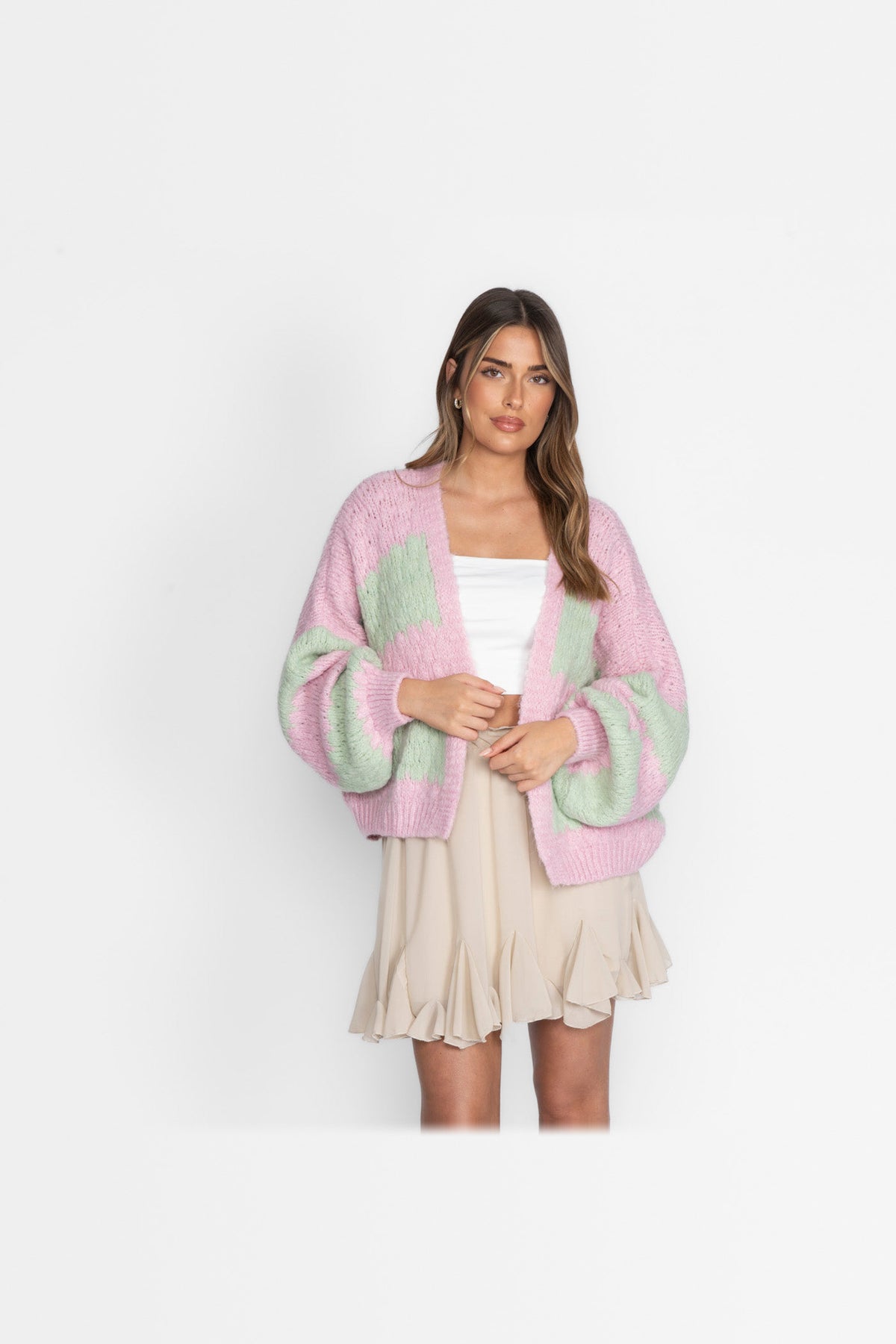 Cárdigan oversize de rayas anchas en verde y rosa