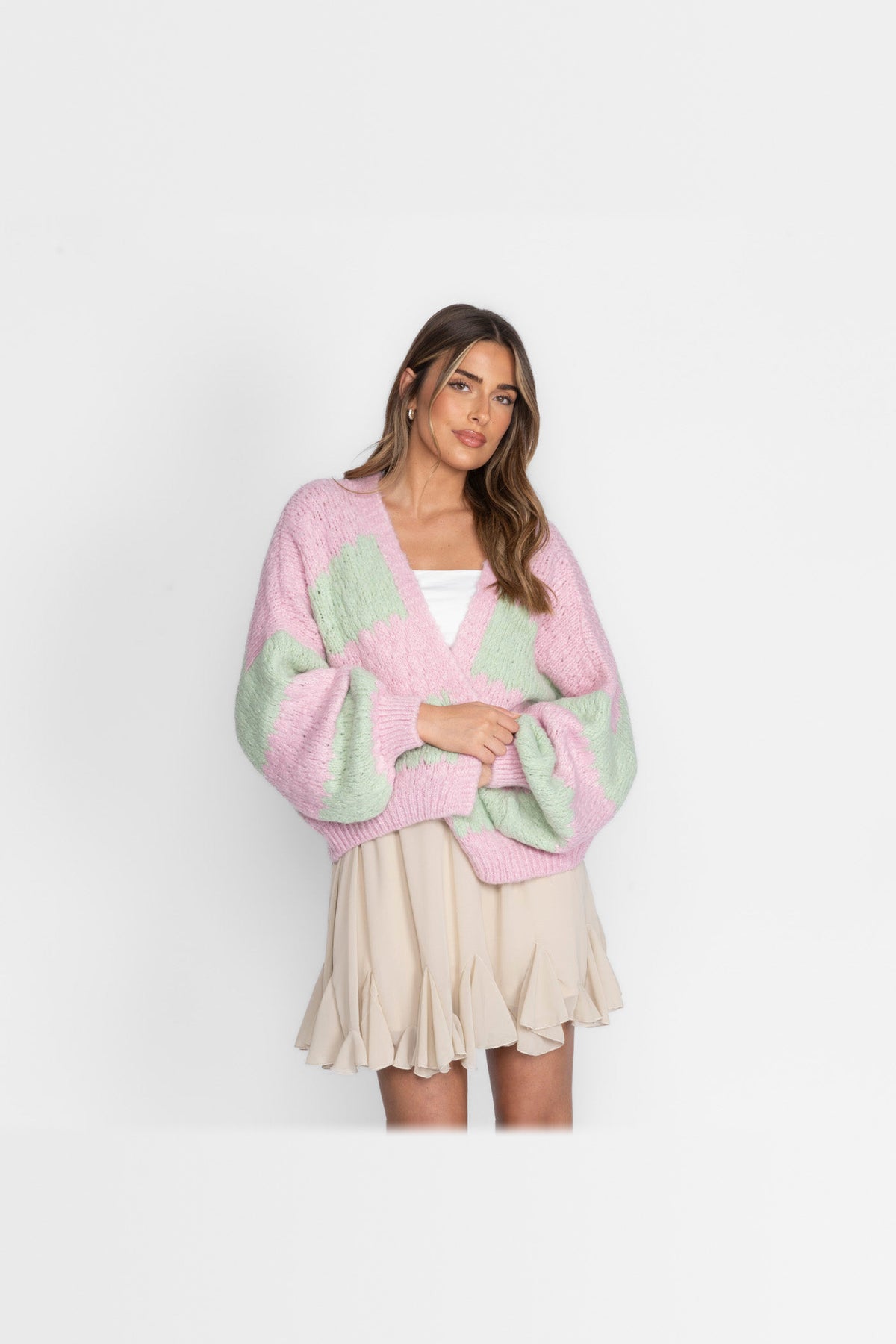 Cárdigan oversize de rayas anchas en verde y rosa