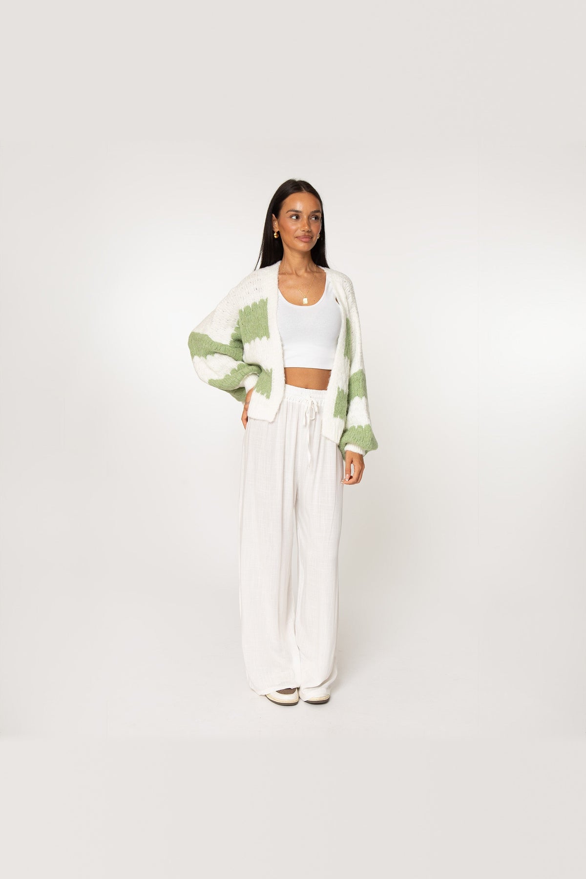 Cárdigan oversize de rayas anchas en verde claro
