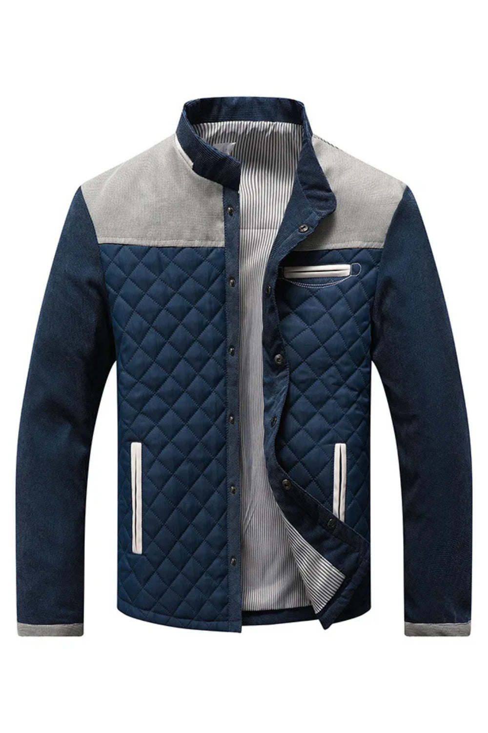 Chaqueta acolchada de rombos con mangas de pana en azul marino y gris