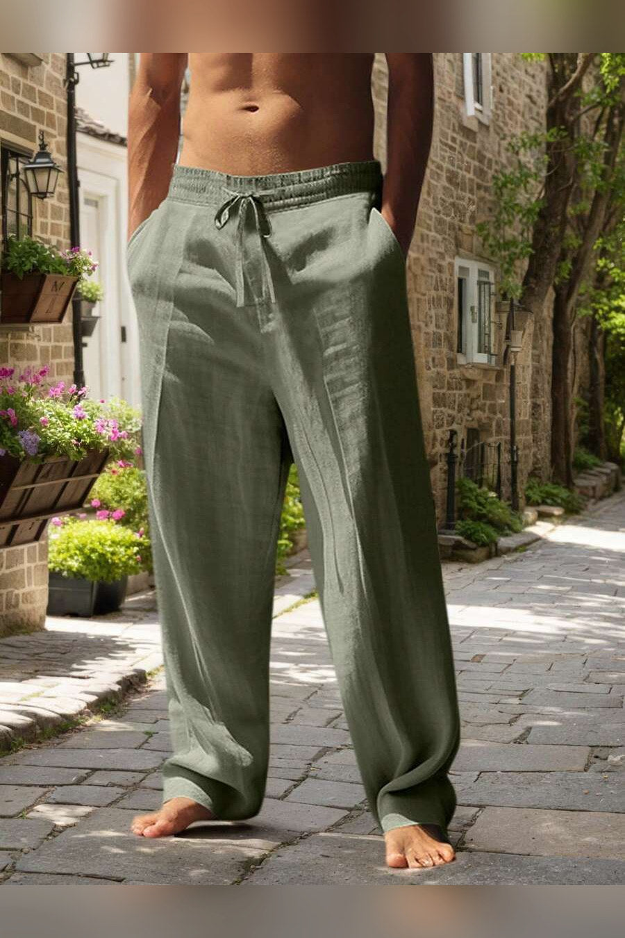 Pantalón de lino con cordón en verde militar