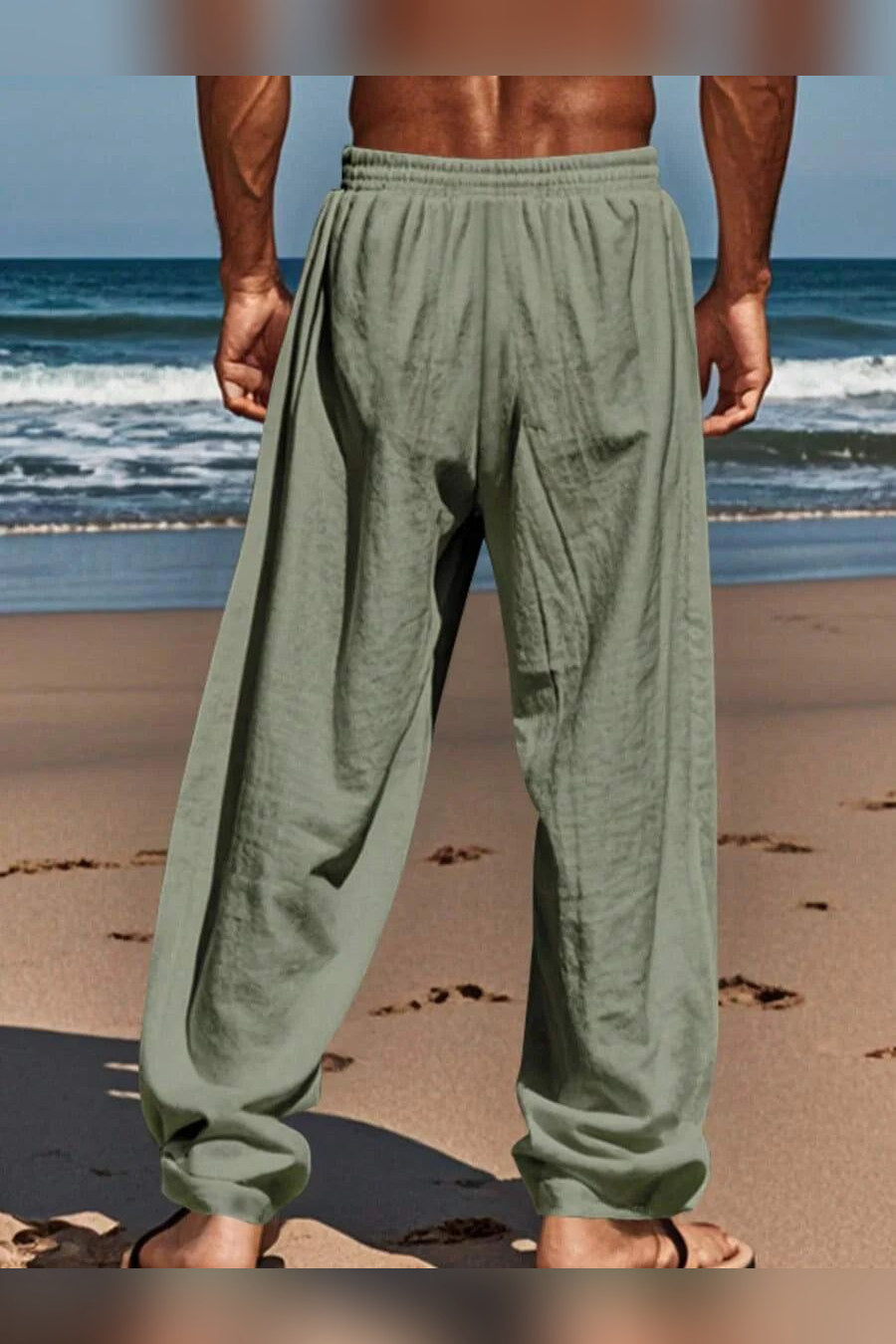Pantalón de lino con cordón en verde militar