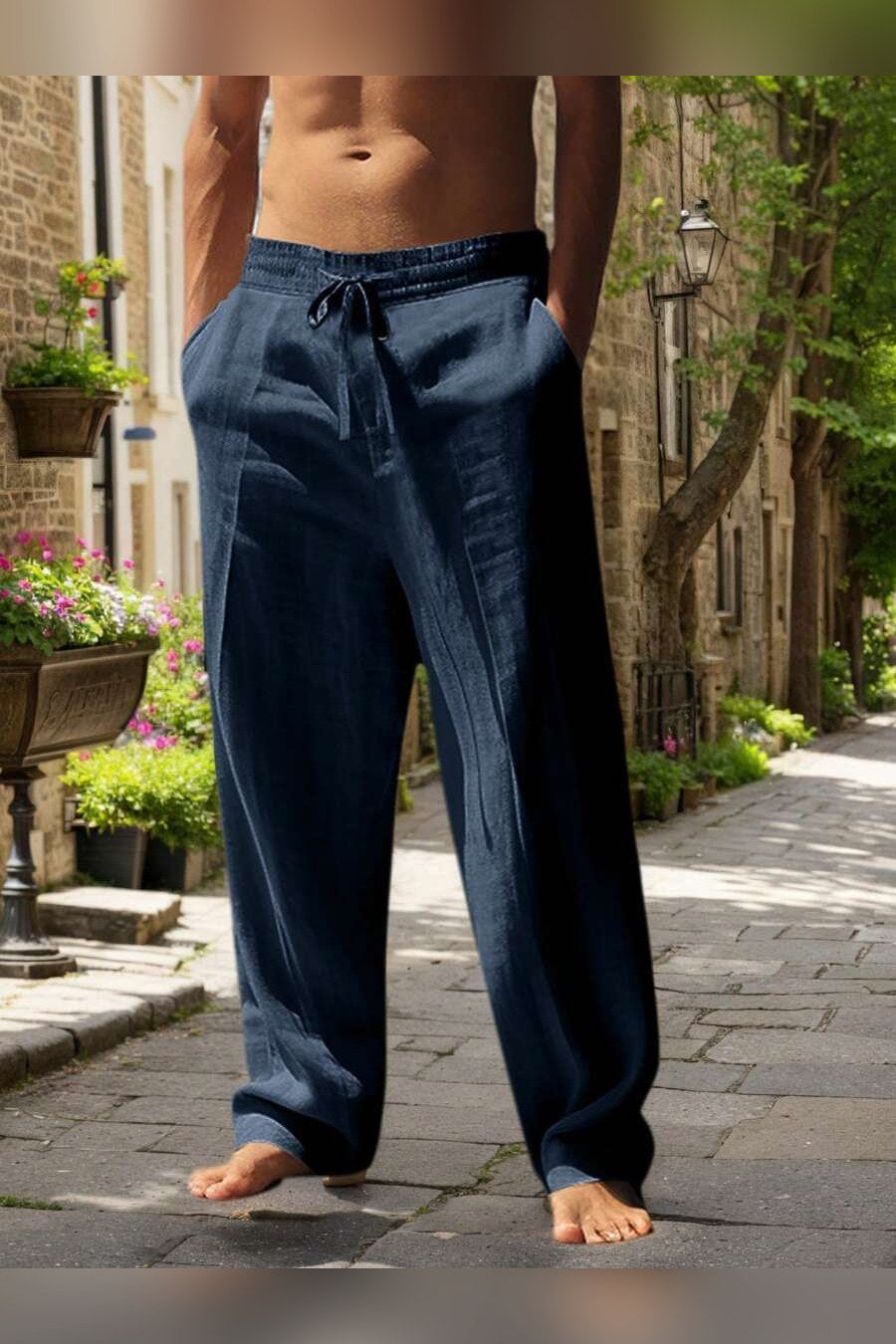 Pantalón de lino con cordón en azul oscuro