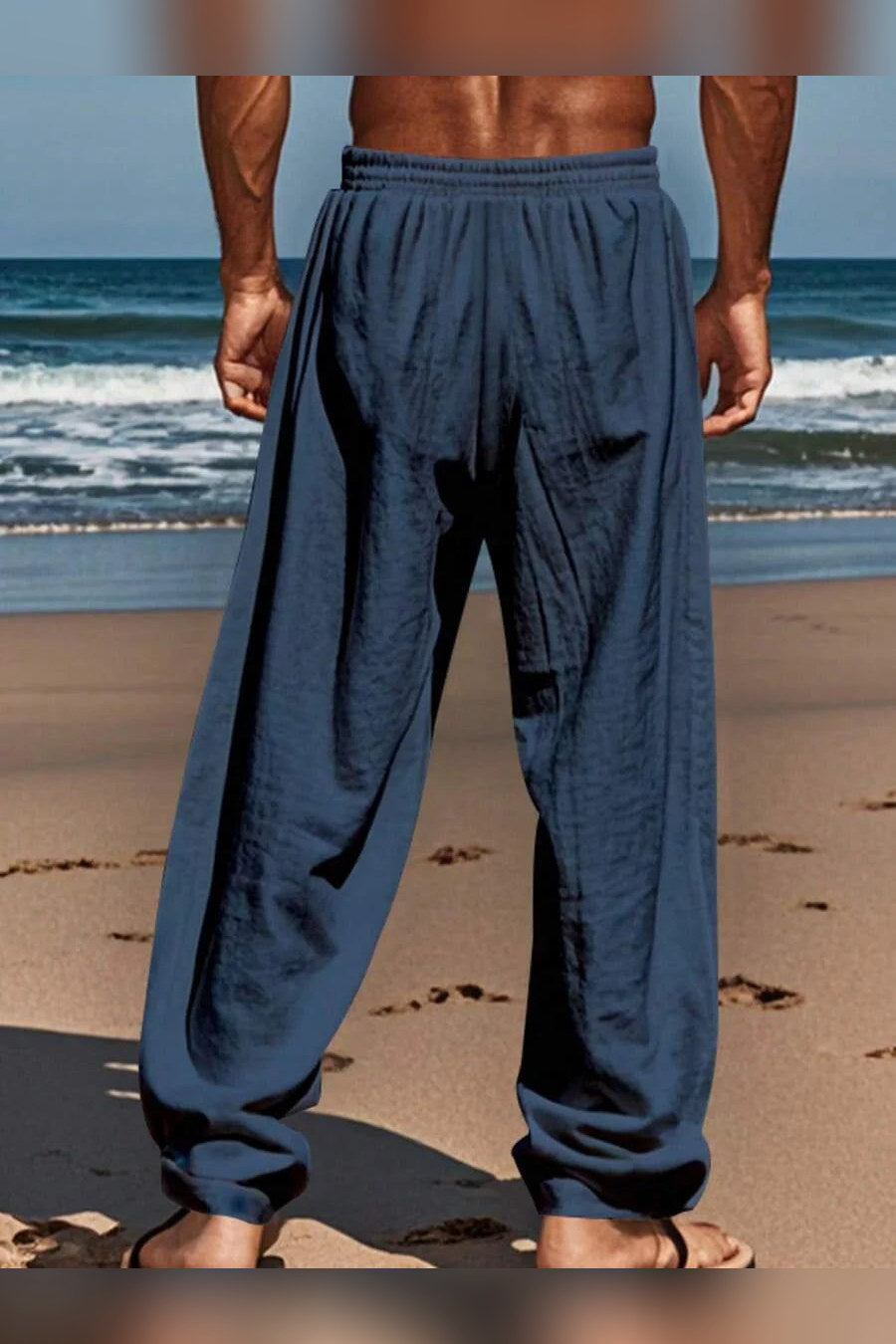 Pantalón de lino con cordón en azul oscuro