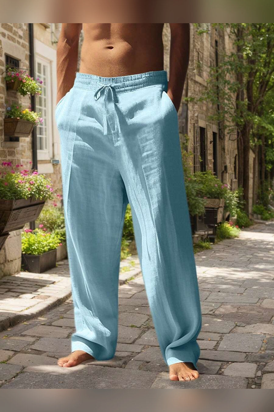 Pantalón de lino con cordón en azul bebé