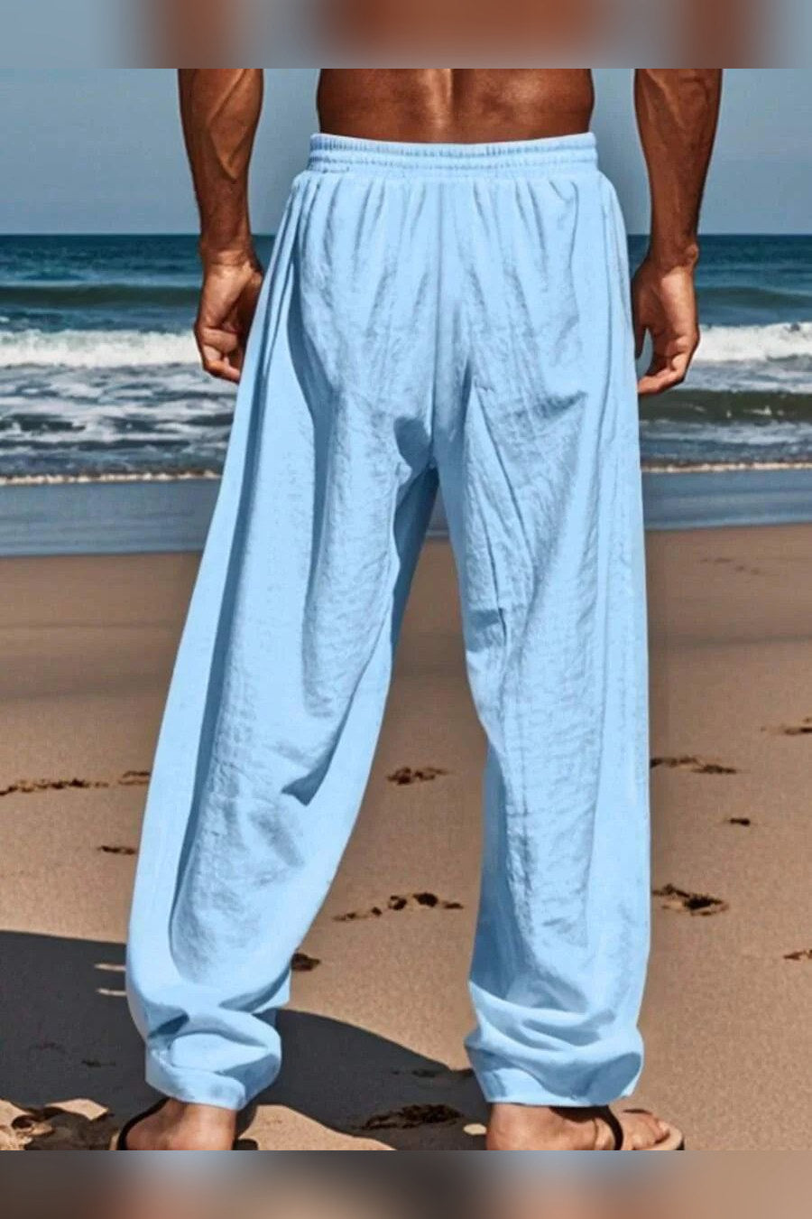 Pantalón de lino con cordón en azul bebé