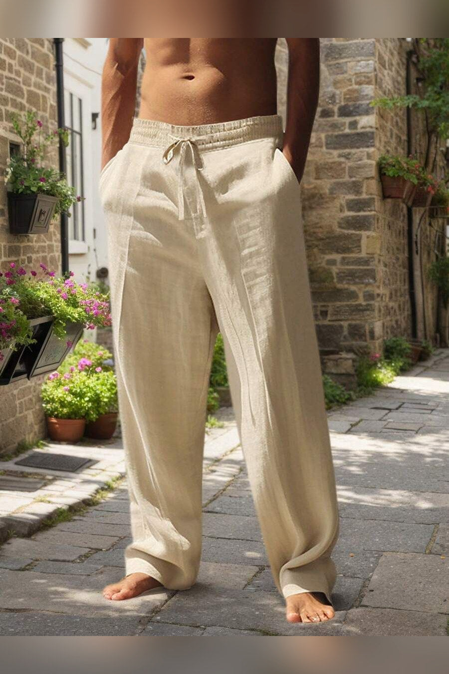 Pantalón de lino con cordón en caqui