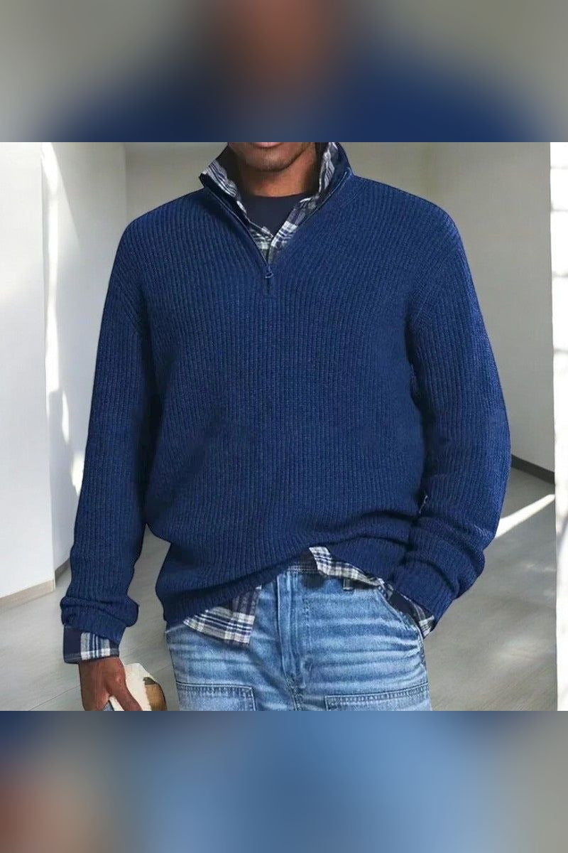 Jersey de canalé con media cremallera en azul oscuro