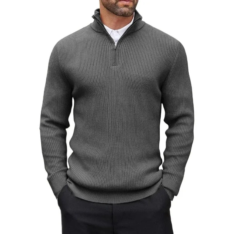 Jersey fino de cuello alto con media cremallera en gris oscuro