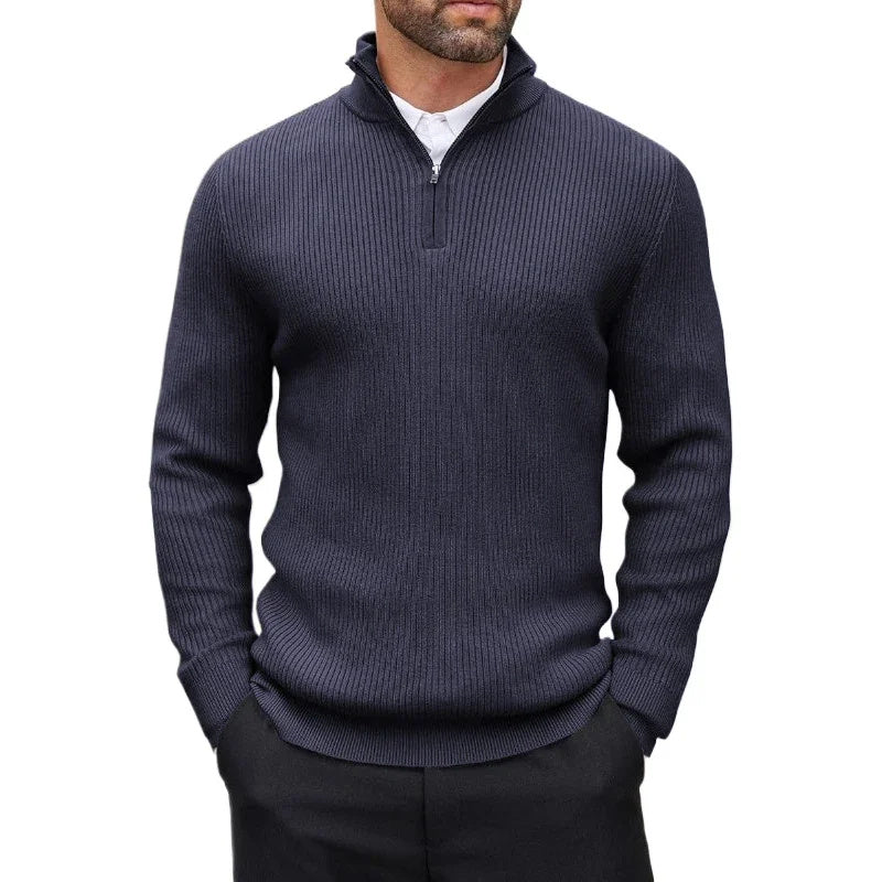 Jersey fino de cuello alto con media cremallera en azul marino