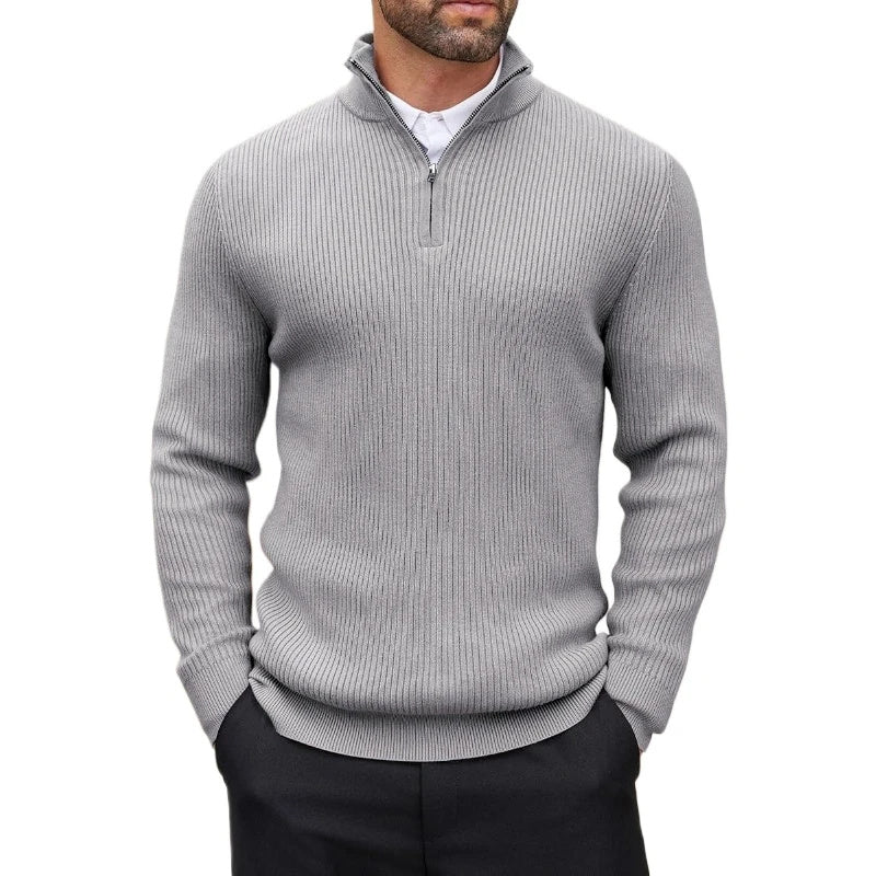 Jersey fino de cuello alto con media cremallera en gris claro