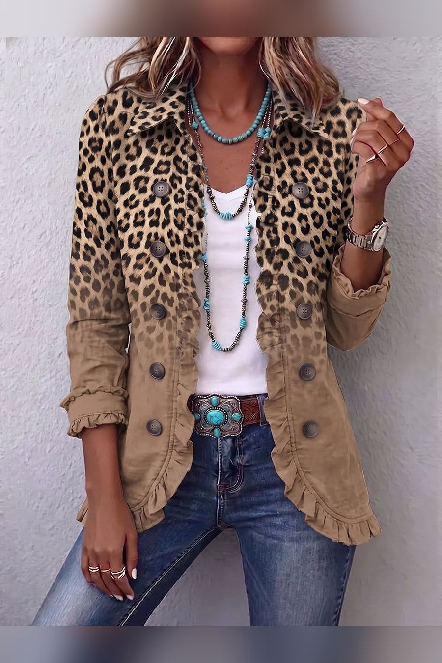 Chaqueta leopardo degradado con volantes en leopardo tostado
