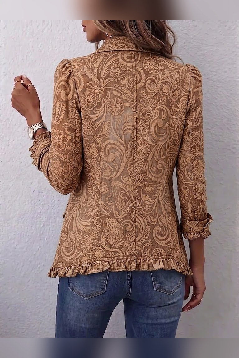 Chaqueta floral vintage con volantes en marrón