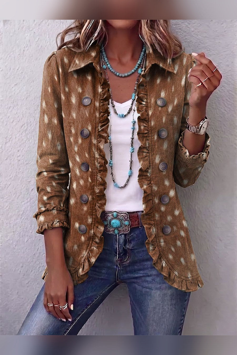 Chaqueta de estampado animal con volantes en marrón moteado