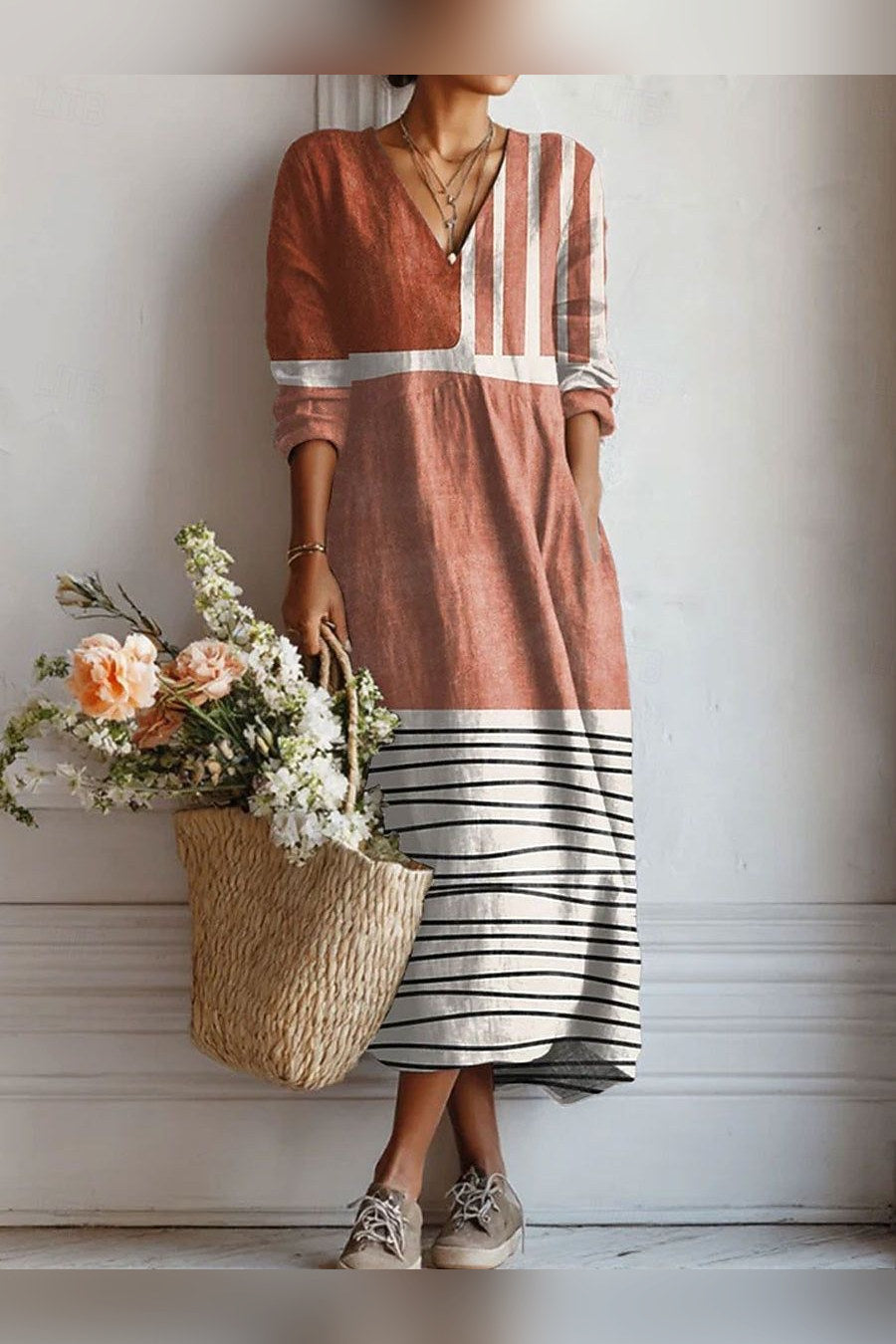 Vestido largo de patchwork en terracota en multicolor