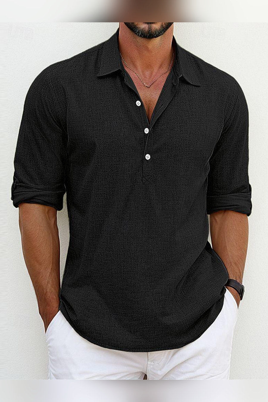 Camisa de lino de corte clásico en negro